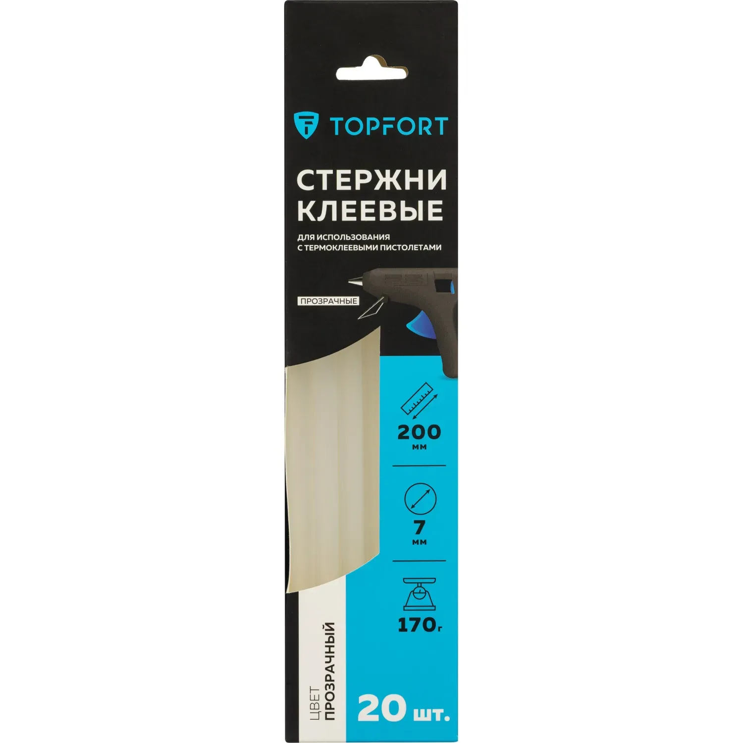 Стержни клеевые прозрачные 7x200, упаковка 20 штук, Topfort