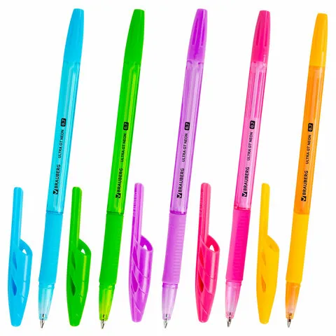 Ручка шариковая с грипом BRAUBERG "ULTRA GT NEON", СИНЯЯ, корпус ассорти, линия 0,35 мм, 144054