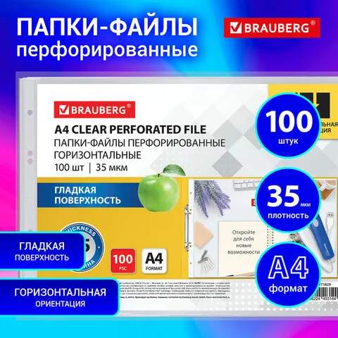 Папки-файлы перфорированные горизонтальной ориентации А4 BRAUBERG КОМПЛЕКТ 100 шт, 35 мкм, 271829