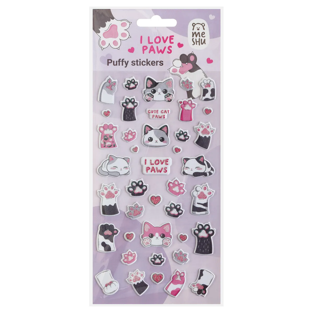 Наклейки объемные MESHU "Love Paws", 10*23см, с блестками, инд. уп., европодвес