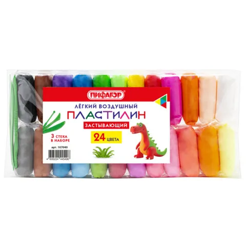 Пластилин лёгкий воздушный застывающий 24 цвета, 210 г, 3 стека, ПИФАГОР, 107040