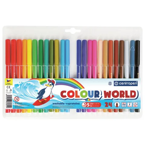 Фломастеры 24 ЦВЕТА CENTROPEN "Colour World", трехгранные, смываемые, вентилируемый колпачок, 7550/24TP, 775502484