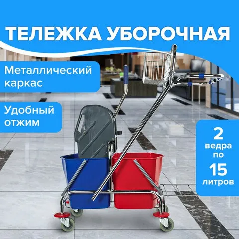 Тележка уборочная BRABIX, 2 съемных ведра 20 л, механический отжим, корзина, держатель для мешка, поддон, 601500