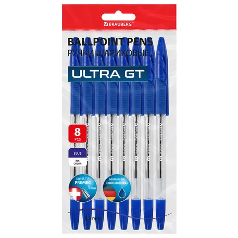 Ручки шариковые с грипом BRAUBERG "ULTRA GT", НАБОР 8 ШТУК, СИНИЕ, корпус прозрачный, узел 1 мм, линия 0,5 мм, 144529