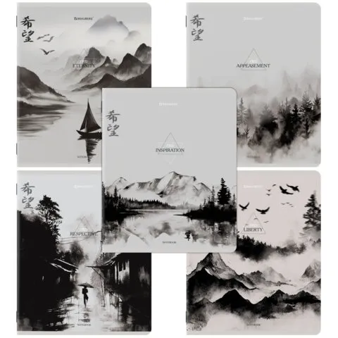 Тетради ДЭК А5 48 л. КОМПЛЕКТ 5 шт. BRAUBERG скоба, клетка, матовая ламинация, CALM NATURE, 404951