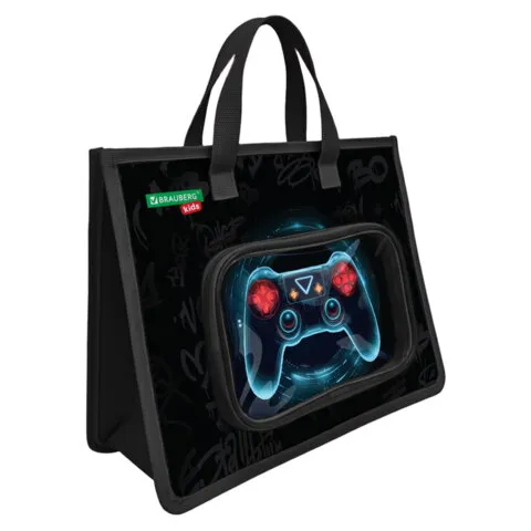 Папка на молнии с ручками BRAUBERG KIDS А4, 1 отделение, доп.карманы, пластик, "Bright gamepad", 274528