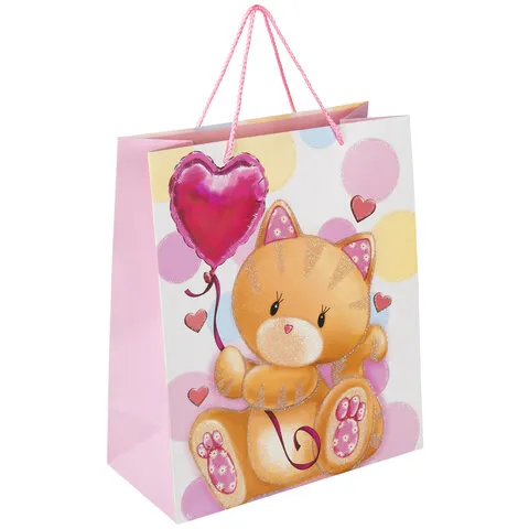 Пакет подарочный 26,5x12,7x33см ЗОЛОТАЯ СКАЗКА "Lovely Kitty", глиттер, белый с розовым, 608242