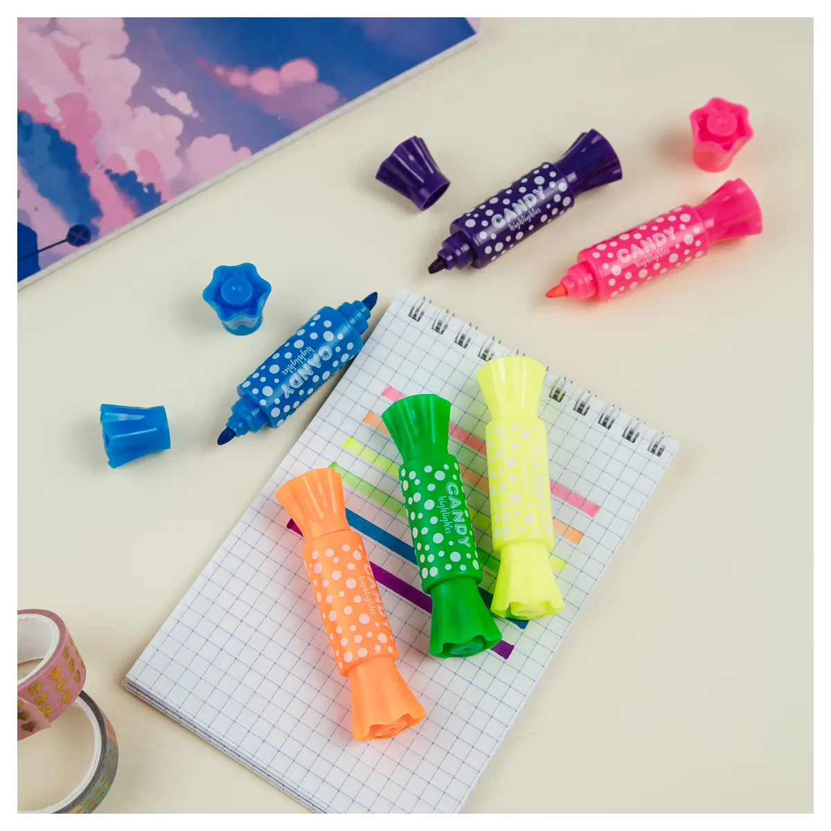 Текстовыделитель MESHU "Candy", мини, ассорти, неоновые цвета, 2/4мм