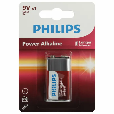 Батарейка алкалиновая 1 шт. PHILIPS Power Alkaline, Крона 9V (6LR61, 6LF22, 1604A), б, Б0062717