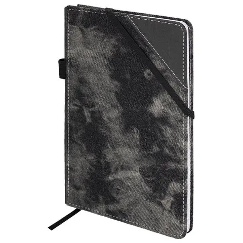 Блокнот А5 135x210мм BRAUBERG Denim, ткань/экокожа, резинка, держатель, 80л клетка, черный, 117140