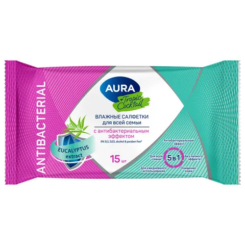 Салфетки влажные 15 шт., AURA Tropic Cocktail, c антибактериальным эффектом, 10388