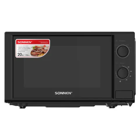 Микроволновая печь SONNEN MW2070BL-6M, 20 л, 700 Вт, таймер, механическое управление, кнопка, черная, 454984