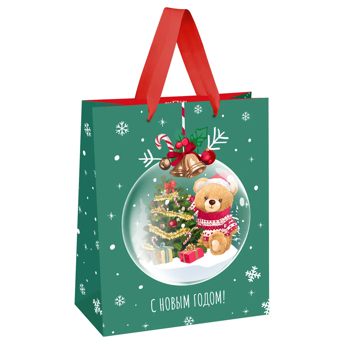 Пакет подарочный 26*32*12см MESHU "Christmas bear", выборочный лак,  матовая ламинация