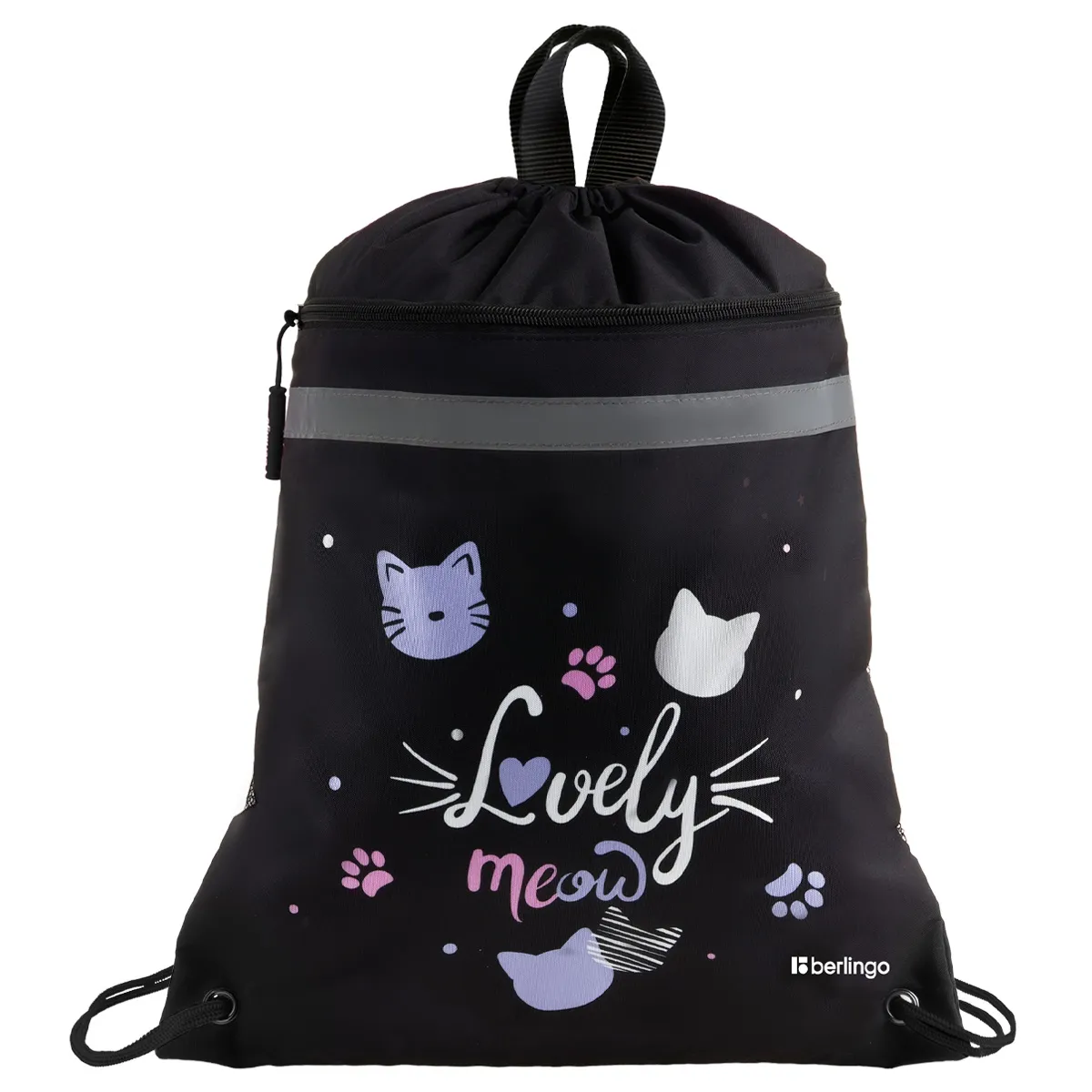 Мешок для обуви 1 отделение Berlingo "Lovely Meow", 360*460мм, вентиляционная сеточка , светоотражающая лента, карман на молнии