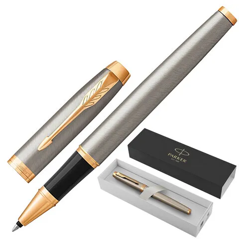 Ручка-роллер PARKER "IM Core Brushed Metal GT", корпус серебристый матовый лак, позолоченные детали, черная, 1931663