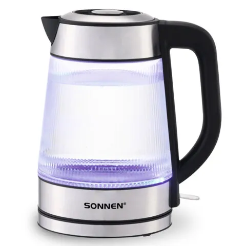 Чайник электрический SONNEN KT-6801, 1,8 л, 2200 Вт, термостойкое стекло текстура полоска, внутренняя подсветка синяя, нерж. сталь, 455143