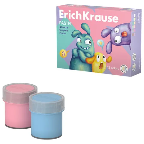 Гуашь ERICH KRAUSE "Jolly friends pastel" 12 цветов по 20 мл, картонная упаковка, 61419