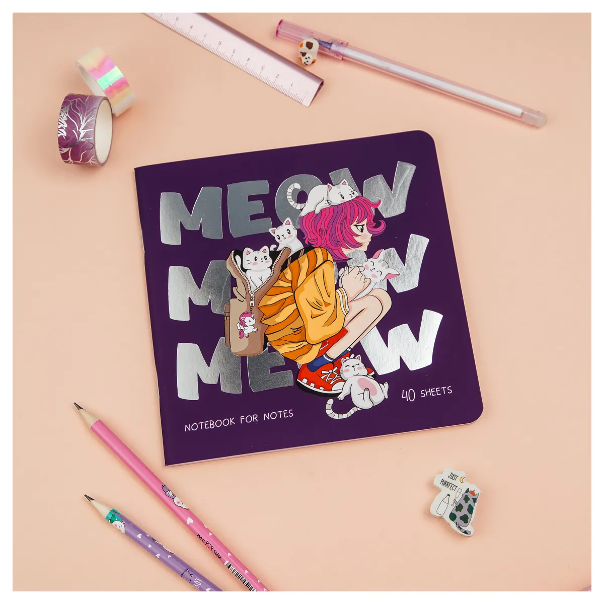Записная книжка 170*170мм 40л. MESHU "Meow", soft-touch ламинация, тиснение фольгой
