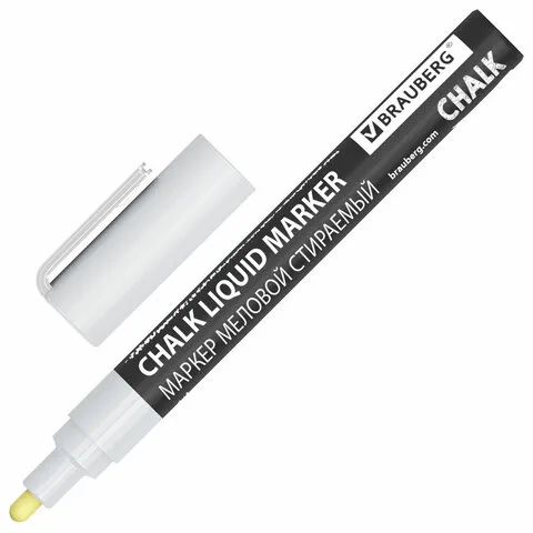 Маркер меловой CHALK LIQUID MARKER, БЕЛЫЙ, 3 мм, стираемый, BRAUBERG "CHALK", 152585
