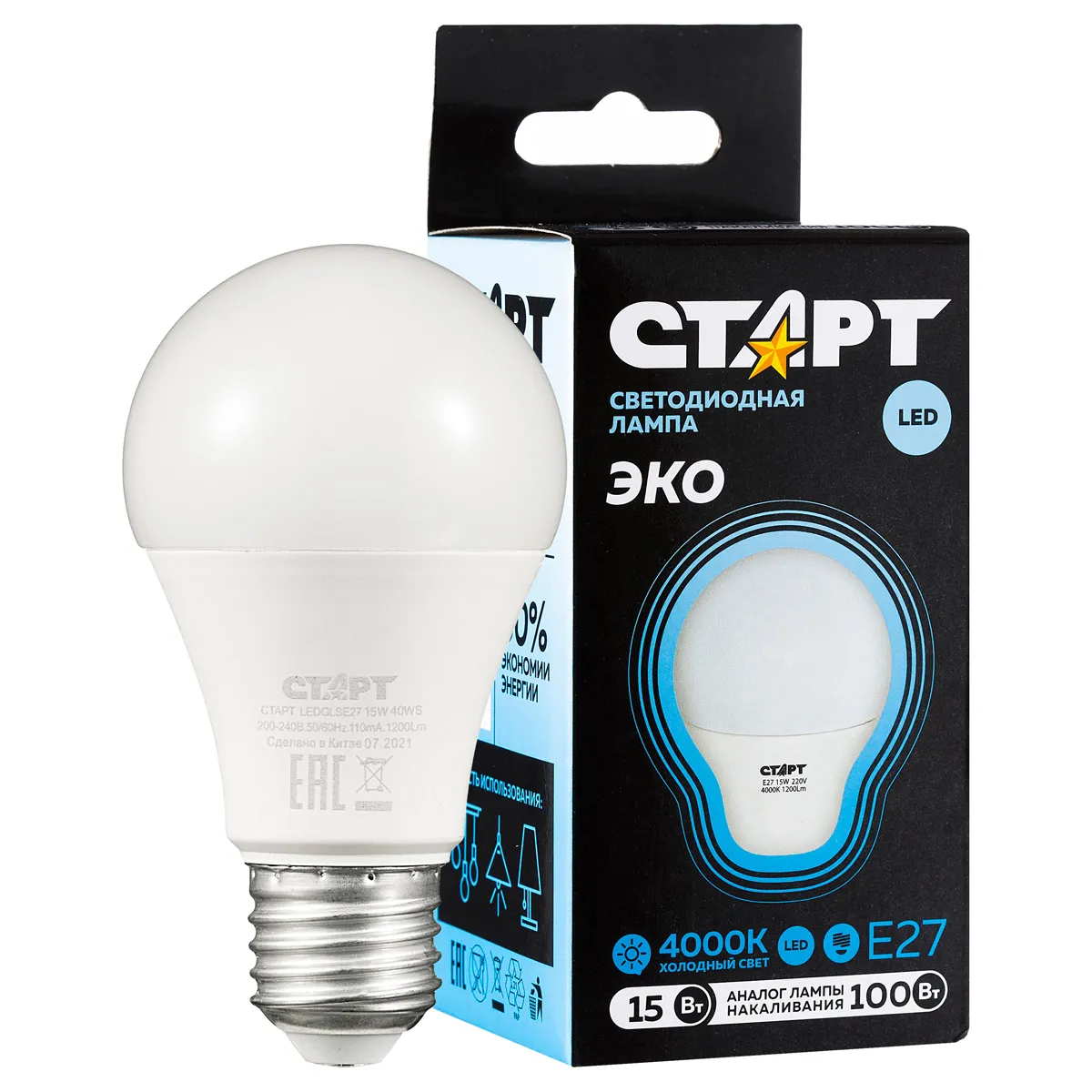 Лампа светодиодная Старт LED, серия "WS" 15W40, тип А "груша", E27, 4000К, нейтральный свет, 25000ч