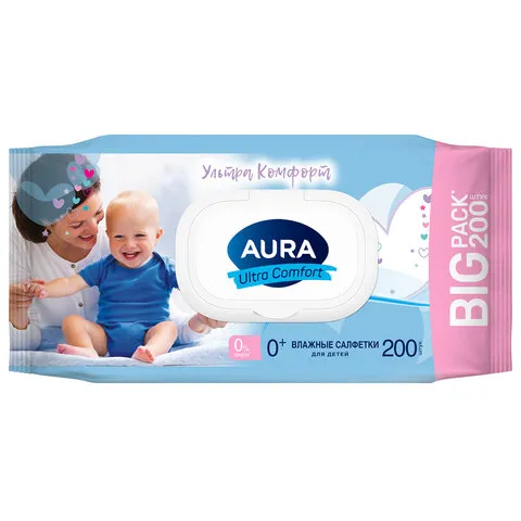 Салфетки влажные 200 шт., для детей, AURA "Ultra Comfort", без спирта, крышка-клапан, 8839