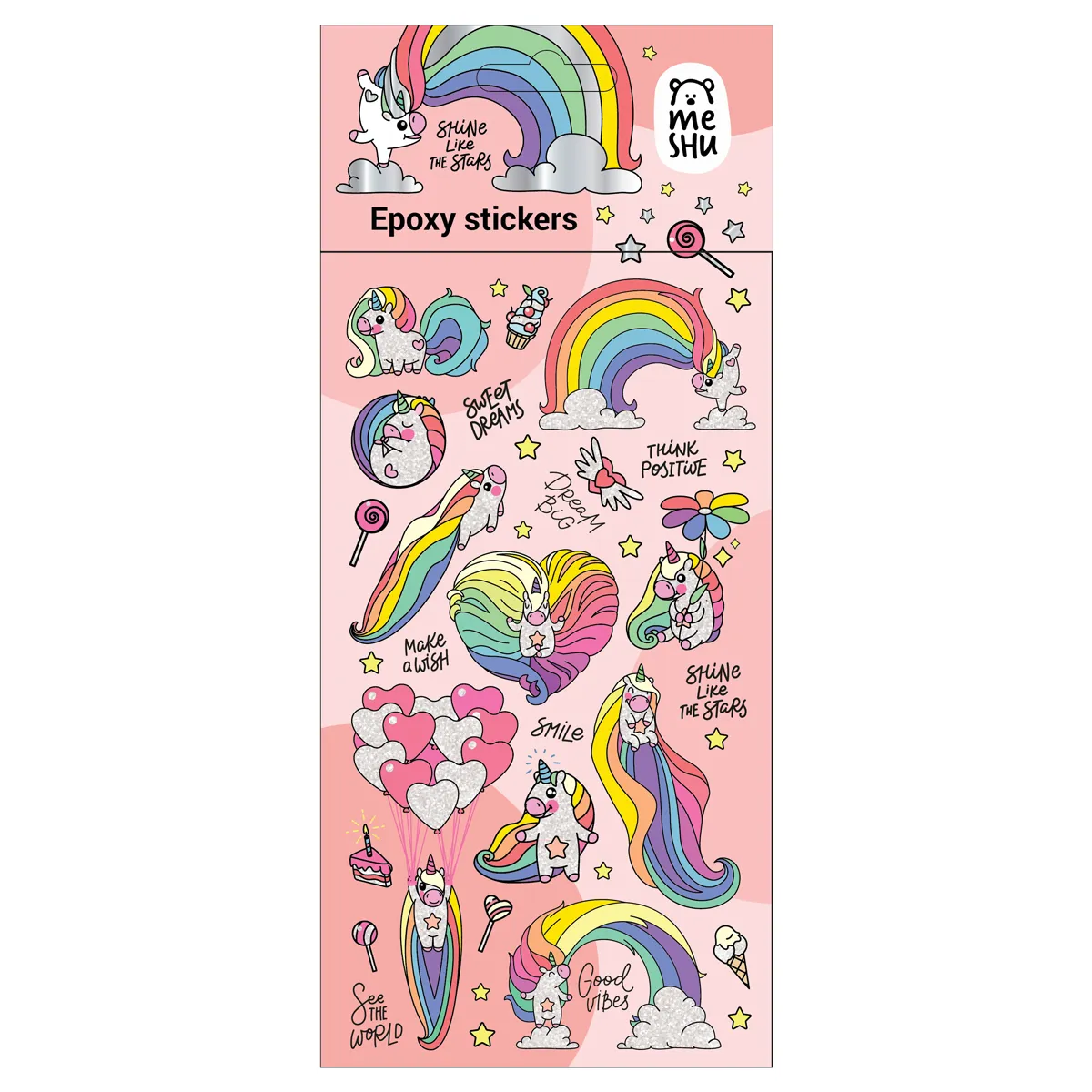 Наклейки гелевые MESHU "Rainbow unicorn", 10*23 см, пакет европодвес