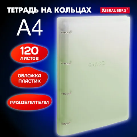 Тетрадь на кольцах БОЛЬШАЯ 305х230мм А4, 120л, пластик, с разделителями, BRAUBERG, Зеленый, 404625