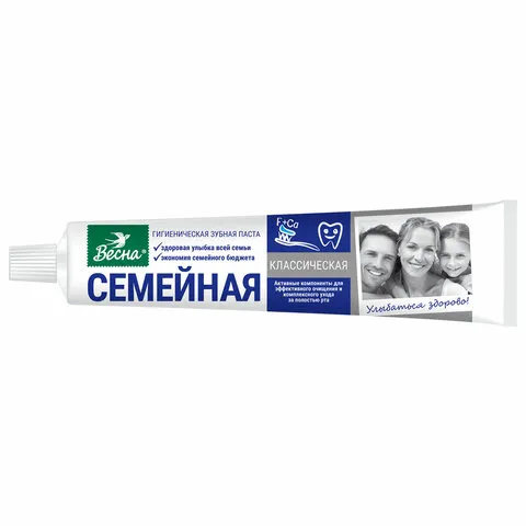 Зубная паста 90г СЕМЕЙНАЯ (Весна) "Класическая", отбеливающая, защита от кариеса, ш/к, 8096
