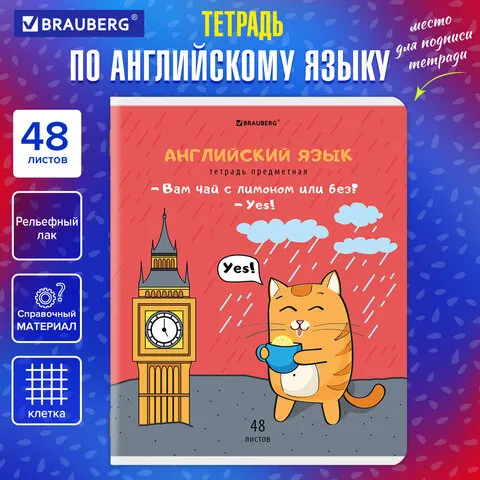 Тетрадь предметная "КОТ-ЭНТУЗИАСТ" 48л, TWIN лак, АНГЛИЙСКИЙ ЯЗЫК, клетка, BRAUBERG, 404558