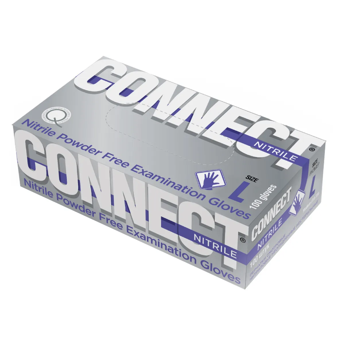 Перчатки нитриловые смотровые CONNECT NITRILE, неопудренные, разм. L, 100пар, голубые, картонная коробка