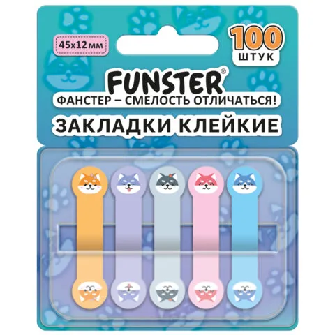 Закладки клейкие Z-сложения FUNSTER (ФАНСТЕР) "Собаки", 45х12 мм, 100 шт. (5 цветов х 20 листов), в диспенсере, 116692