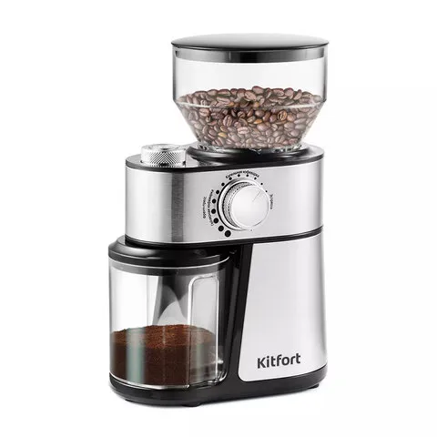 Кофемолка KITFORT КТ-717, мощность 200 Вт, вместимость 100 г, 14 степеней помола, стальная