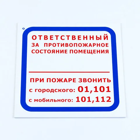 Знак "Ответственный за противопожарное состояние помещения/При пожаре звонить..", 200*200*2 мм, пластик, F16