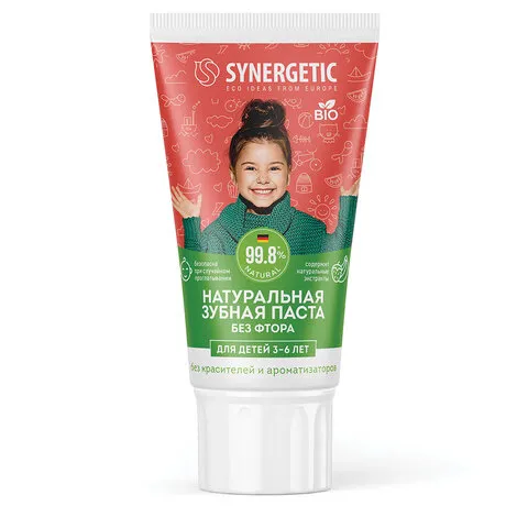 Зубная паста детская 50 г, SYNERGETIC, клубничка и банан, от 3 до 6 лет (красная), 201010
