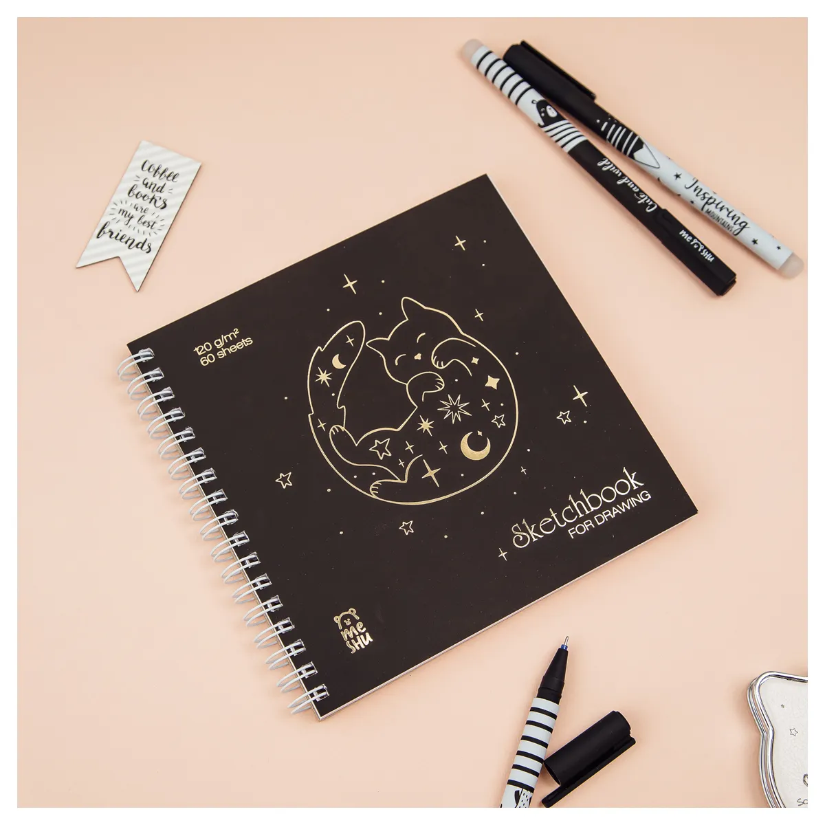 Скетчбук 60л., 150*150 MESHU "Black Cat", на гребне, 120г/м2, отд.фольгой, soft-touch