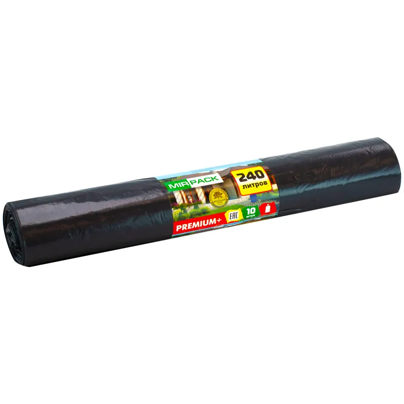 Мешки для мусора  240л Mirpack "Premium+" ПВД, 93*130см, 45мкм, 10шт., черные, в рулоне