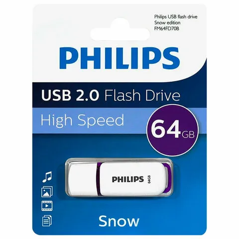 Флеш-диск 64GB PHILIPS SNOW, разъем USB 2.0, фиолетовый, FM64FD70B/97
