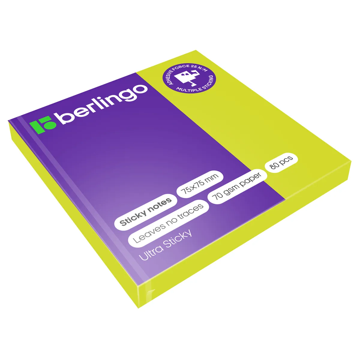 Самоклеящийся блок Berlingo "Ultra Sticky", 75*75мм, 80л, зеленый неон