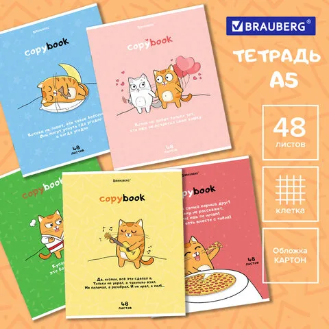 Тетрадь А5, 48 л., BRAUBERG, скоба, клетка, обложка картон, "Кот-Энтузиаст", 404365