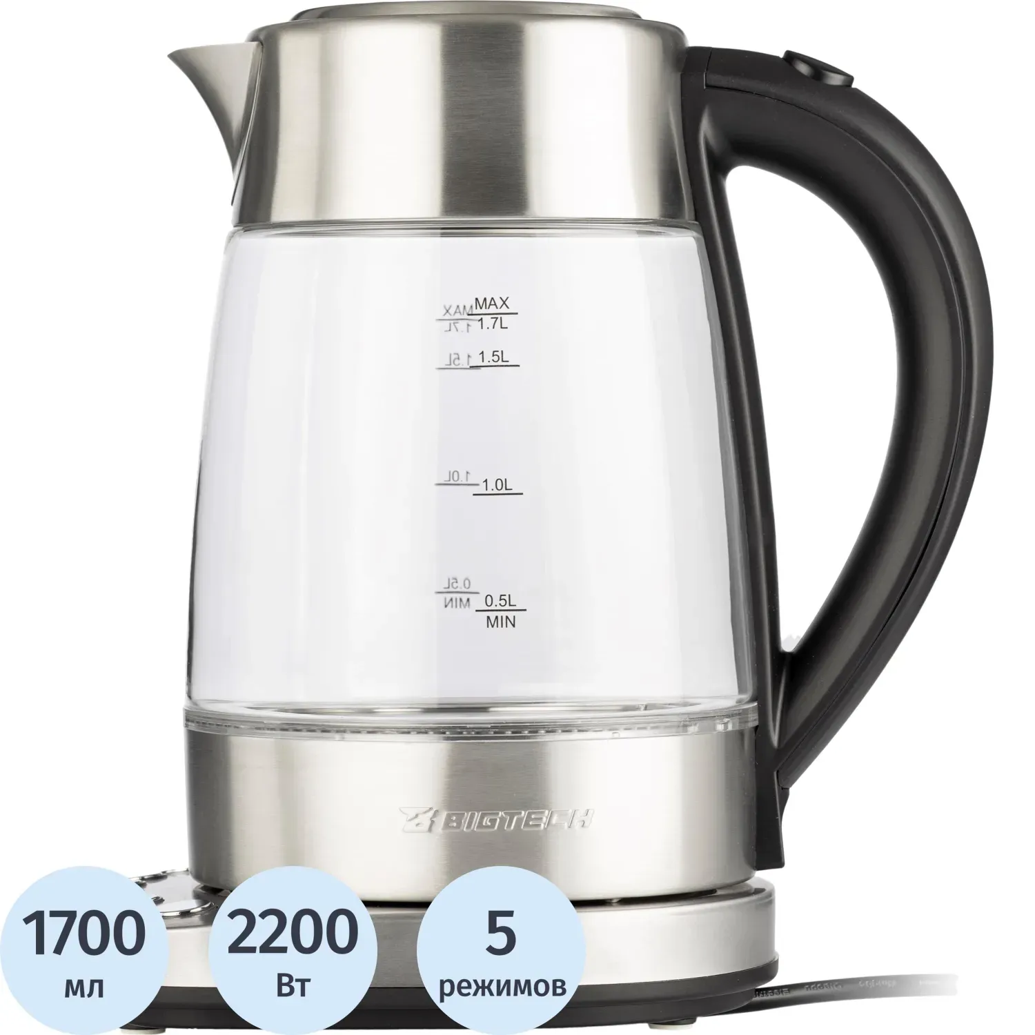 Чайник BigTech FEK206SG, 1,7л,2200, Strix, стекло,металл