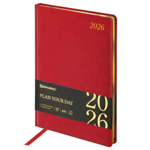 Ежедневник датированный 2026 БОЛЬШОЙ ФОРМАТ 210х297 мм, А4, BRAUBERG "Iguana", под кожу, красный, 117246