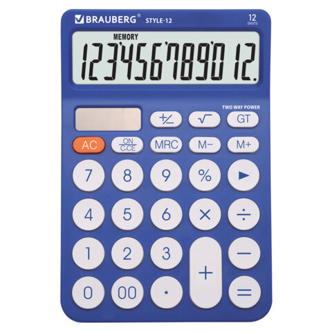 Калькулятор настольный BRAUBERG STYLE-12-BL (157х106 мм), 12 разрядов, двойное питание, СИНИЙ, 272966