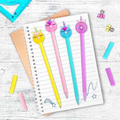 Ручка с топпером шариковая масляная ЮНЛАНДИЯ "Единорог-пончик", корпус ассорти, СИНЯЯ, пишущий узел 0,7 мм, 143803