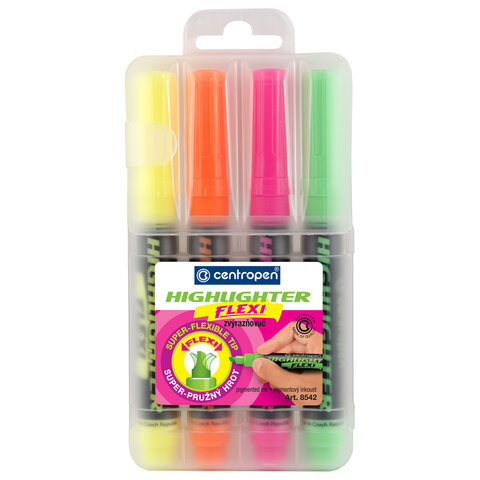Текстовыделители ПАСТЕЛЬНЫЕ 4 ЦВЕТА CENTROPEN "Flexi", гибкий наконечник, 1-5 мм, 8542/4, 485420402