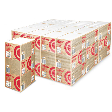 Полотенца бумажные 200 шт., FOCUS (Система H2) Premium, 2-слойные белые, КОМПЛЕКТ 20 пачек, 24х21,5 см, Z-сложение, 5083803