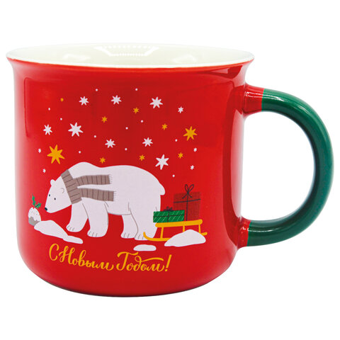 Кружка новогодняя 380 мл, "Белый мишка", 9,5х9 см, каменная керамика, ЗОЛОТАЯ СКАЗКА, 592542