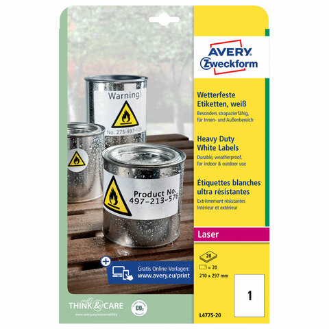 Этикетка самоклеящаяся ВСЕПОГОДНАЯ 210x297мм, 1 этикетка, полиэстер, белая, 20 листов Avery L4775-20