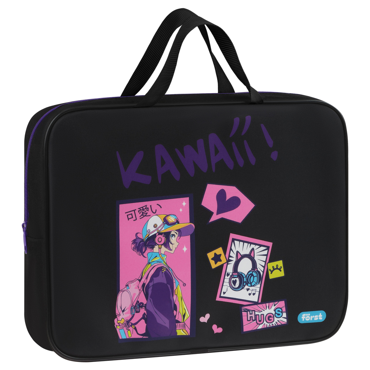 Папка текстильная с ручками 1 отделение, А4 Först "Kawaii", 350*265*80мм, текстиль, на молнии
