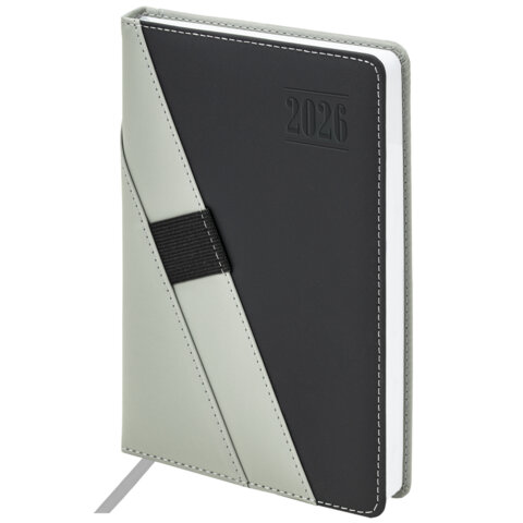 Ежедневник датированный 2026, А5, 138х213 мм, BRAUBERG "Swirl", под кожу, держатель для ручки, серый, 117482