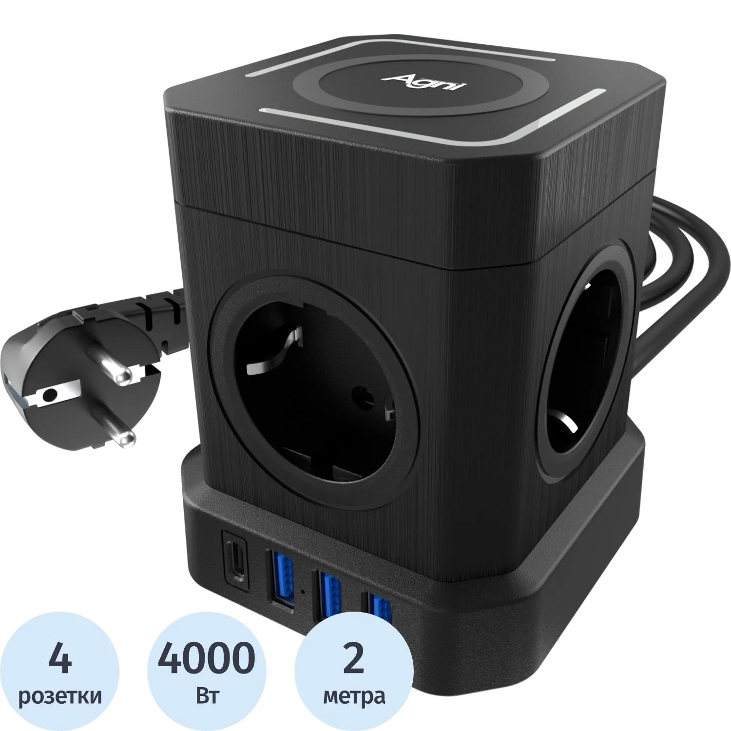 Сетевой фильтр AGNI  4р/2м,черный, 3USB + 1Type-C (TP-VE4U5E-C-W-2m-black)